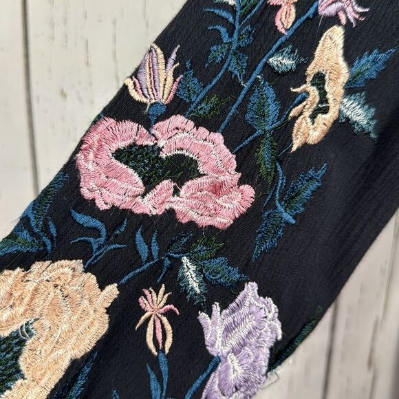 Free People Mia Gauze Floral Embroidered Boho Pockets V Neck Black Mini Dress - Picture 7 of 16